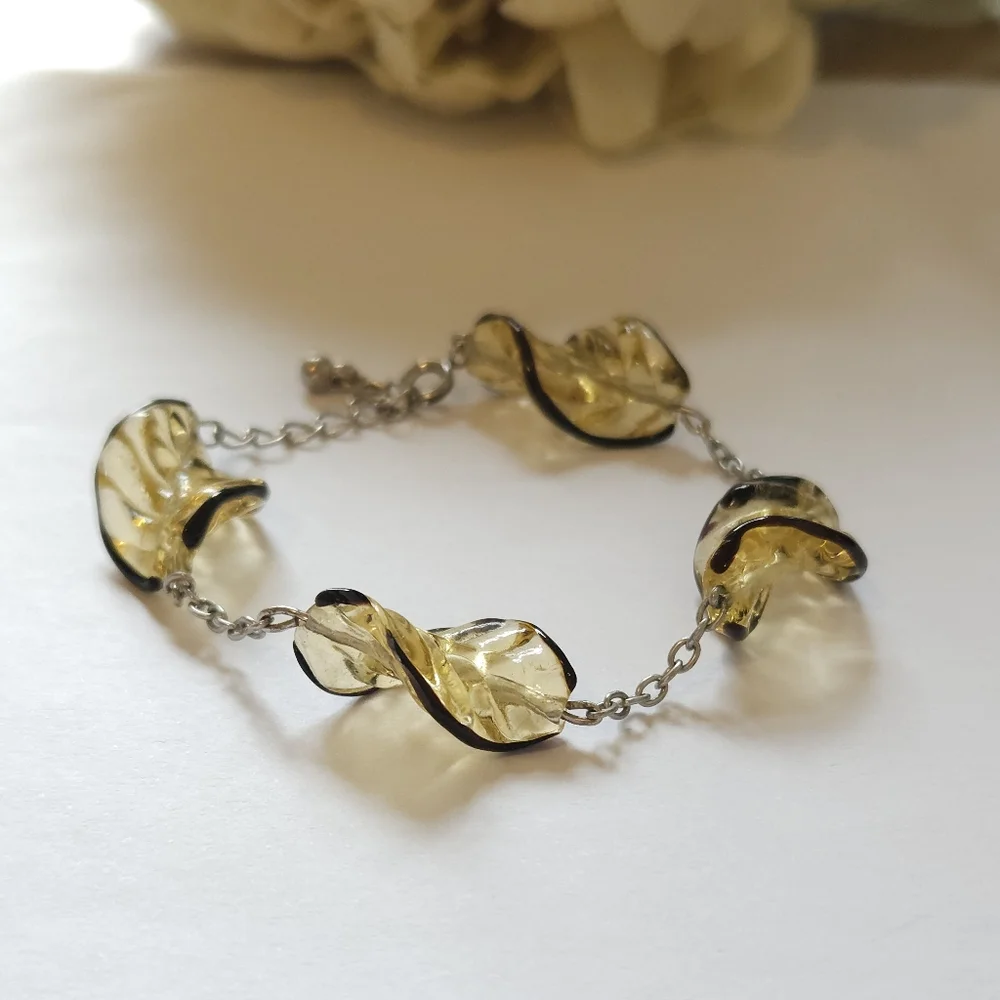 Yellow & Black Glass Spiral Leaf Beaded Bracelet Chain Bead Link Bracelet